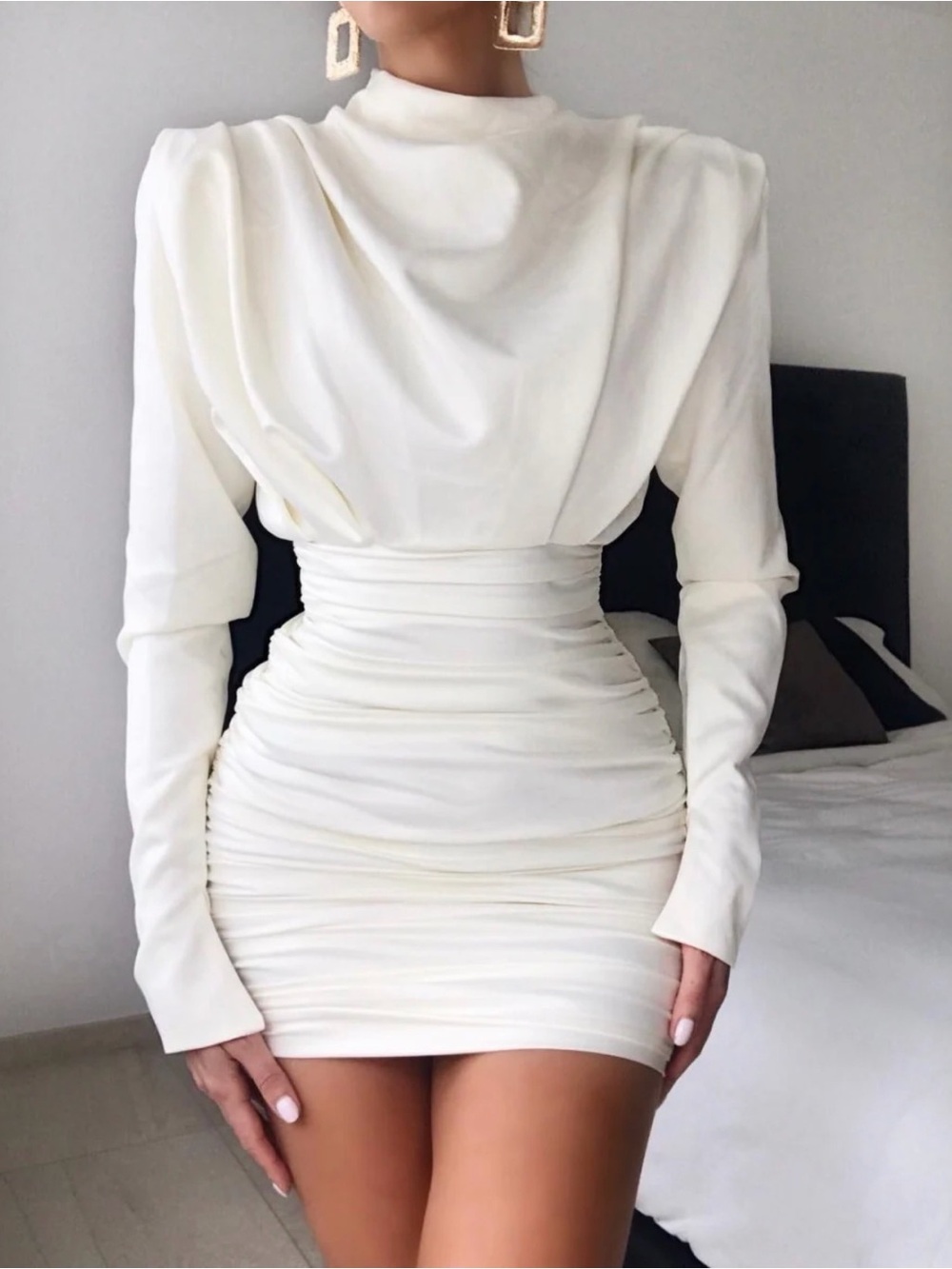 House of CB Ivory Satin Draped Mini Dress – US 2